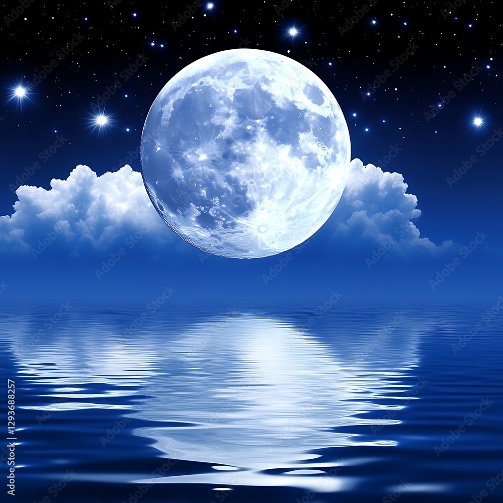 Full Moon Rising Over Calm Ocean at Night Full Moon Rising Over Calm Ocean at Night