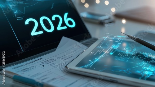 Wallpaper Mural Futuristic and high tech data analytics dashboard displaying digital charts graphs and infographic elements projecting the potential developments and innovations for the year 2026 Torontodigital.ca