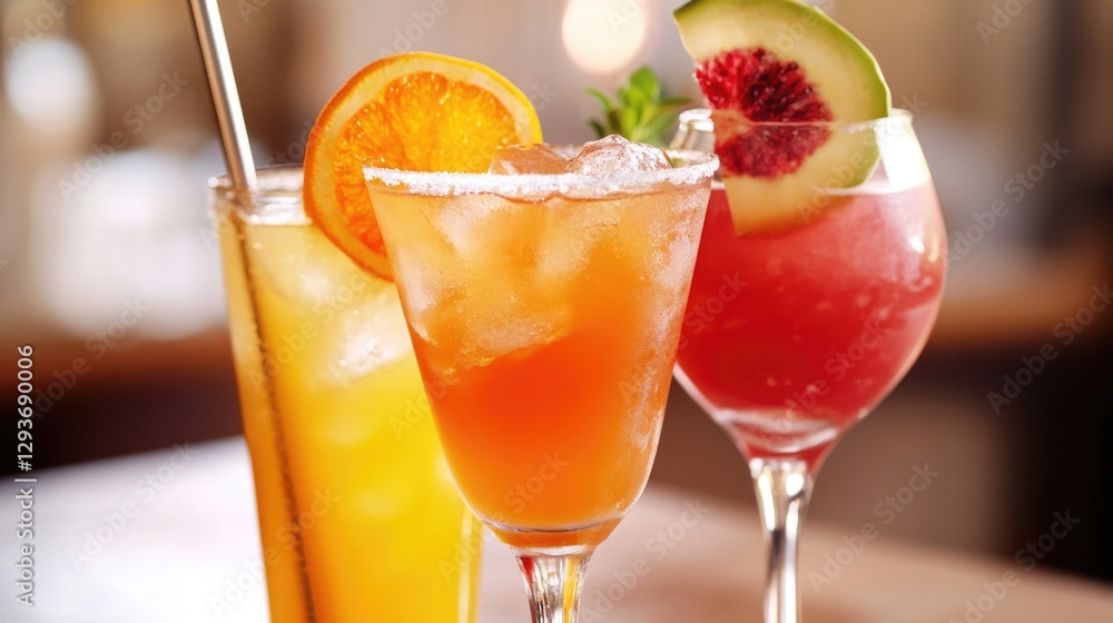A close-up view of two glasses filled with drinks sitting on a table A close-up view of two glasses filled with drinks sitting on a table