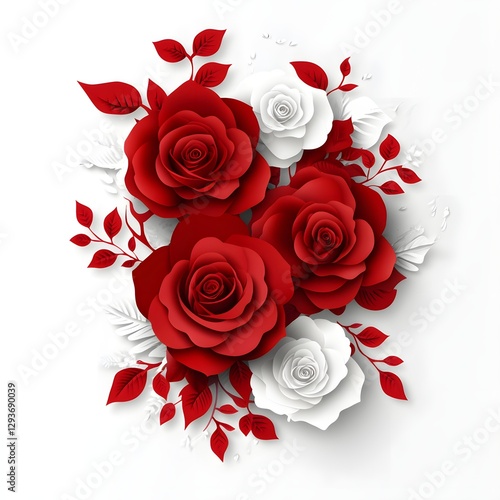 Vibrant Red and White Roses with Delicate Leaves on White Background