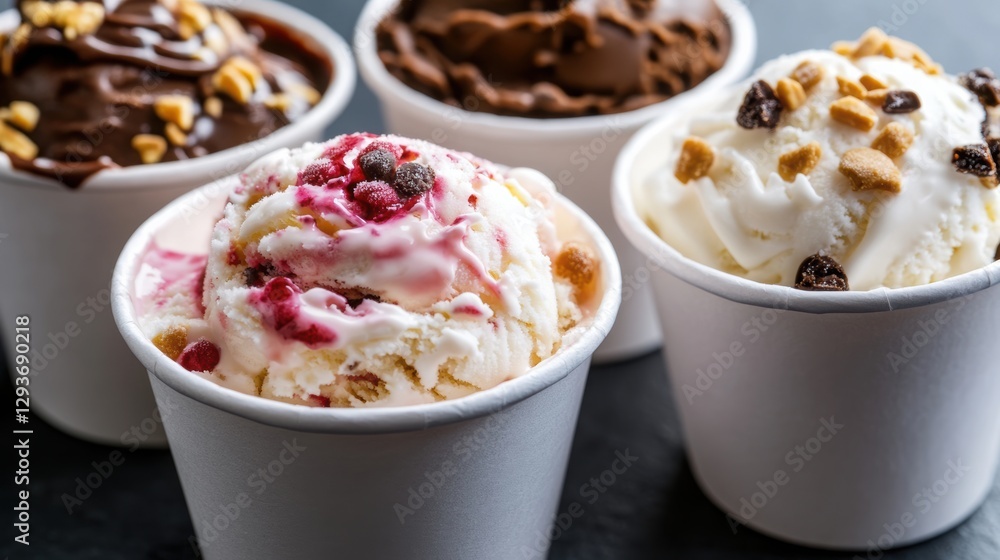 Children's ice cream in festive paper cups. Children's ice cream in festive paper cups.