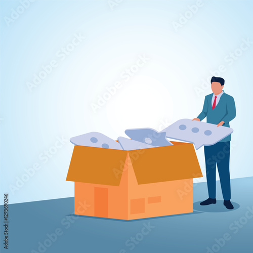 A man inserts a chat icon into a suggestion box. Illustration for suggestions, criticisms and tips and tricks.