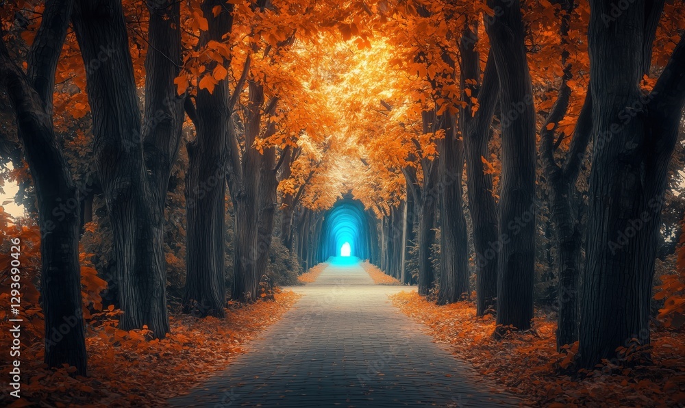 Fototapeta premium Enchanting autumn pathway lined with vibrant orange foliage leading to a glowing archway