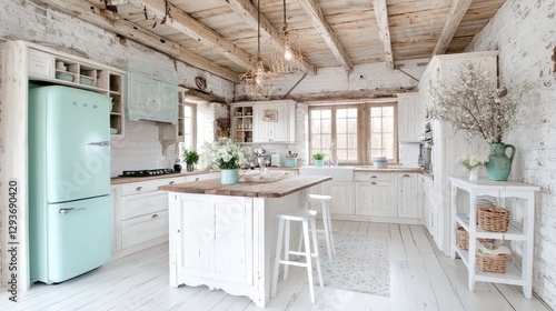Rustic farmhouse kitchen design; island, wood beams, shabby chic decor; home interior design inspiration