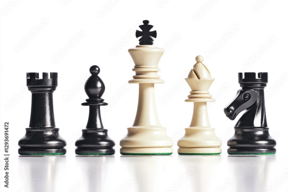 A collection of chess pieces, black and white, arranged on a board