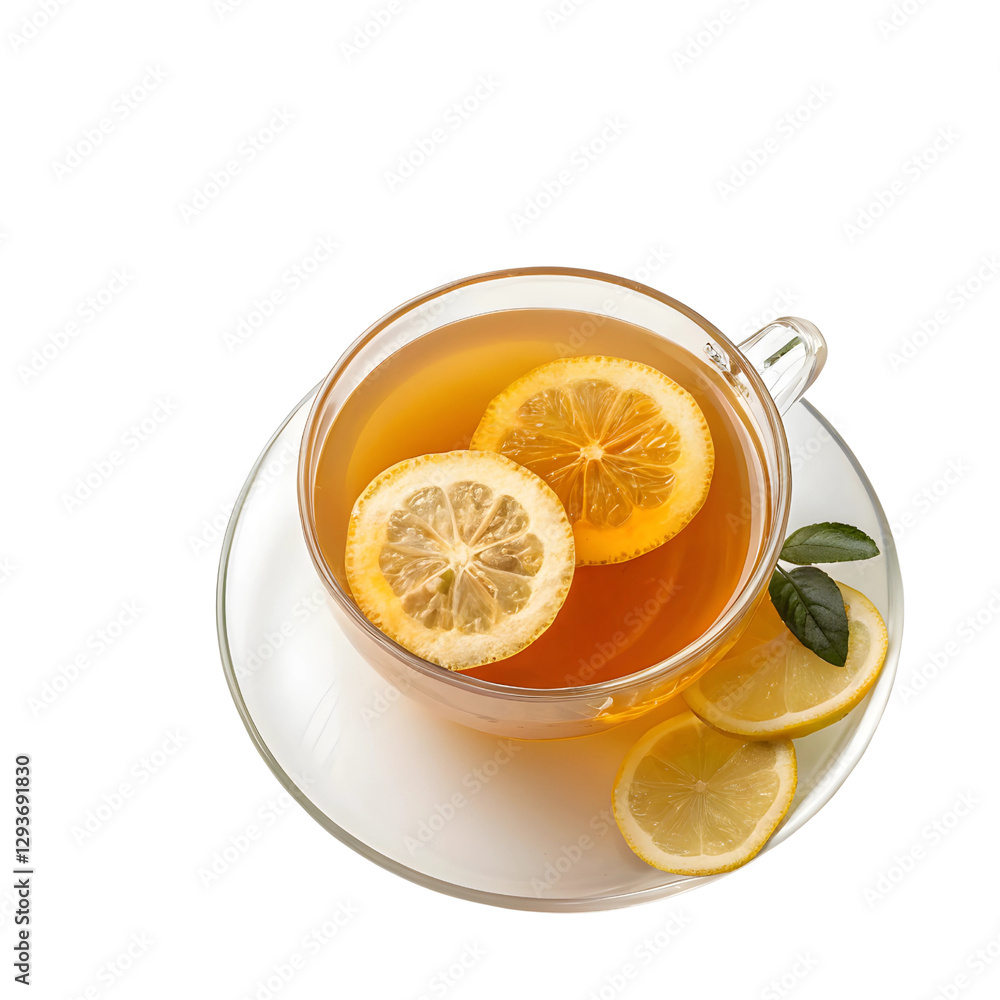 Cup of Lemon Tea with Fresh Lemon Slices and Leaves on a Saucer Cup of Lemon Tea with Fresh Lemon Slices and Leaves on a Saucer