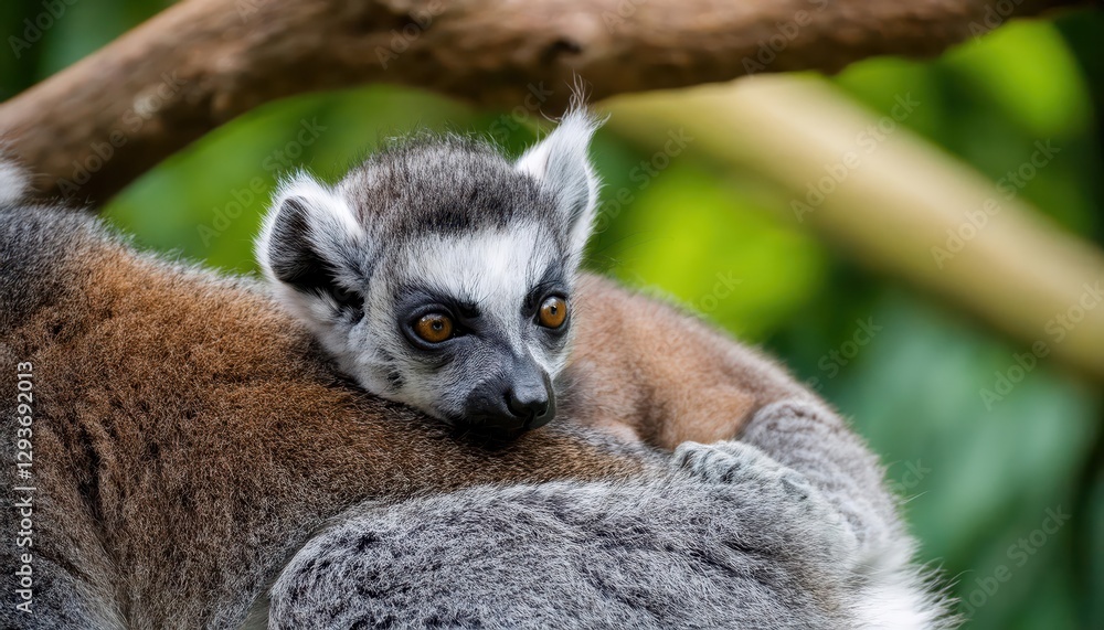 Obraz premium Lemur Catta Baby Riding on Mothers Back An Adorable Moment in Madagascar Rainforest, Capturing the Tenderness and Bond between Mother and Baby in a Breathtaking Forest Environment.