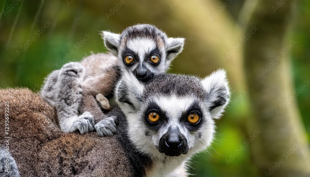 Obraz premium Adorable Baby Lemur Catta Clinging to Mothers Back, Playful Interaction Showcasing the Bond Between These Captivating Creatures in a Warm Forested Environment.