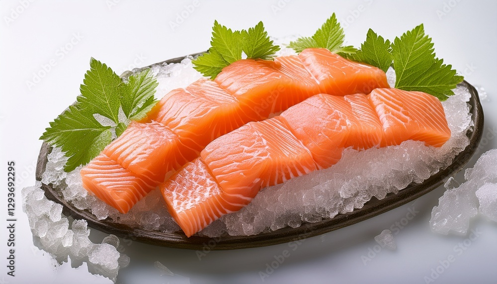Fotografía de estudio profesional de rodajas de salmón sobre hielo con hojas verdes y coral, filete de pescado crudo rosado en rodajas con rayas, sashimi de salmón naranja fresco, Fotografía de estudio profesional de rodajas de salmón sobre hielo con hojas verdes y coral, filete de pescado crudo rosado en rodajas con rayas, sashimi de salmón naranja fresco,