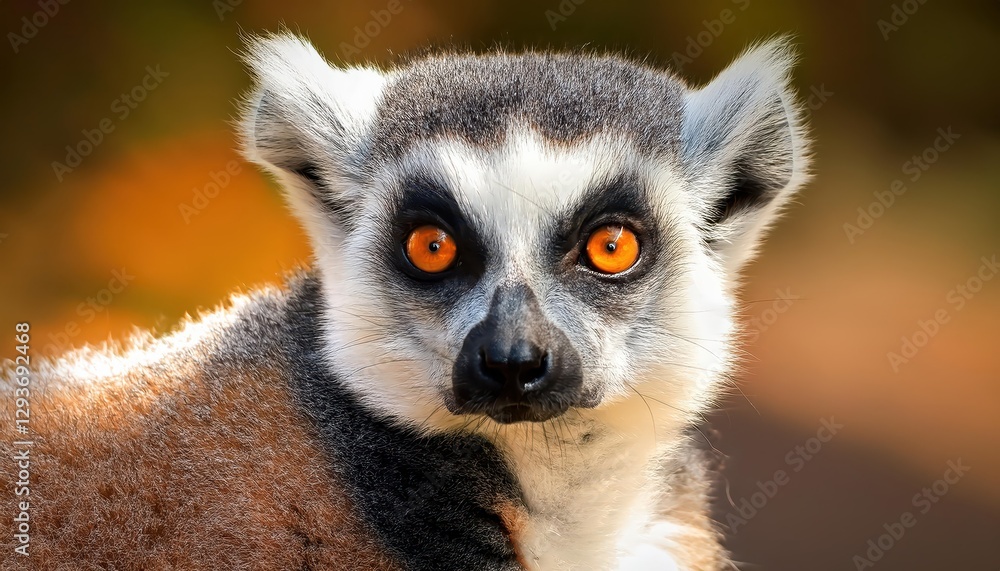 Naklejka premium Close Up of a Lemur Head Expressive Eyes Peering Intently, Set Against a Lush Green Background with Tropical Hues and Textures, Capturing the Mystique and Vitality of Madagascars Wildlife.