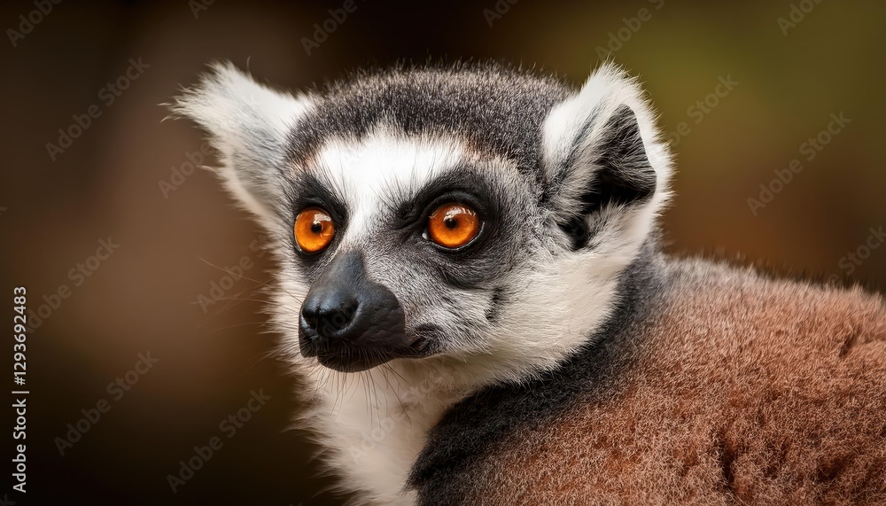 Fototapeta premium CloseUp of a Lemurs Intelligent Eye, Captivating Black and White Contrasts Against the Lush Green Forest Backdrop, Showcasing the Mystique of Madagascars Fascinating Wildlife