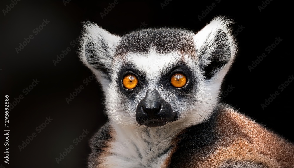 Fototapeta premium Striking BlackandWhite Lemur in High Contrast against Minimalistic Dark Backdrop, Showcasing Vivid Eyes and Expressive Body Language
