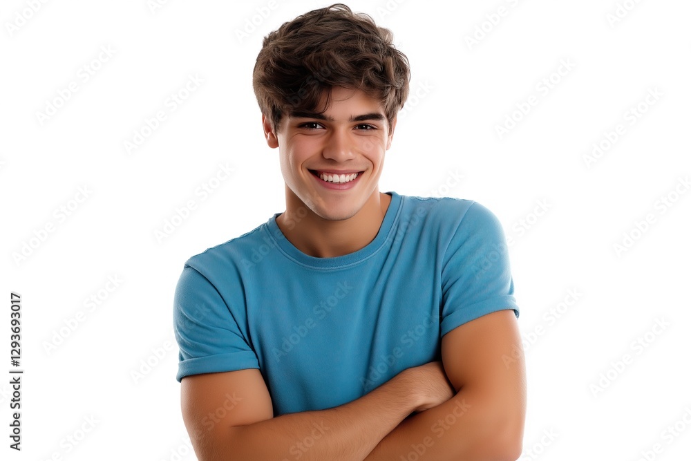 Young man smiling confidently with crossed arms against a plain background in a casual blue t-shirt. Young man smiling confidently with crossed arms against a plain background in a casual blue t-shirt.