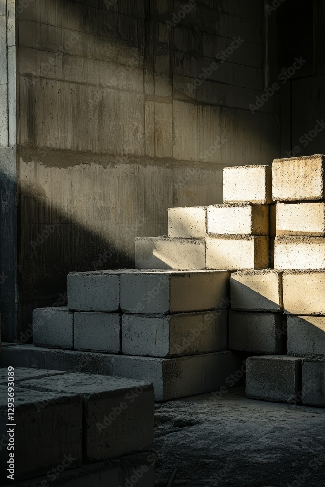 Obraz premium Concrete blocks stacked unevenly in stark light