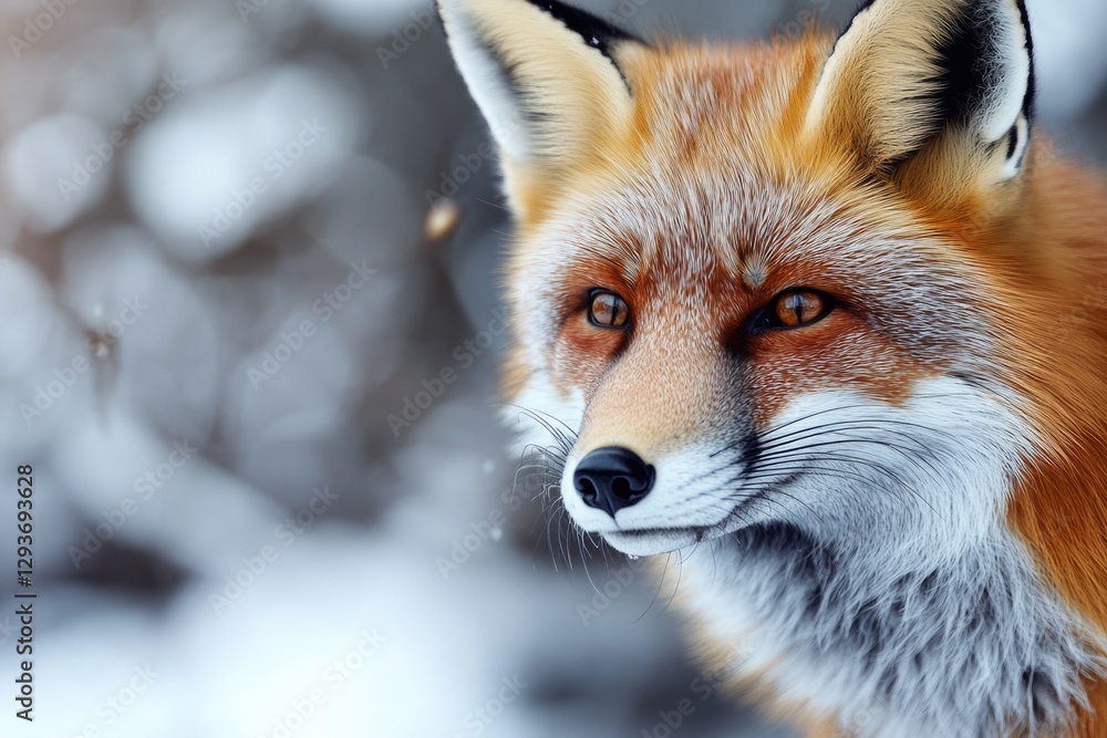 Fototapeta premium A close-up shot of a red fox in the snowy environment, suitable for winter-themed images or wildlife photography