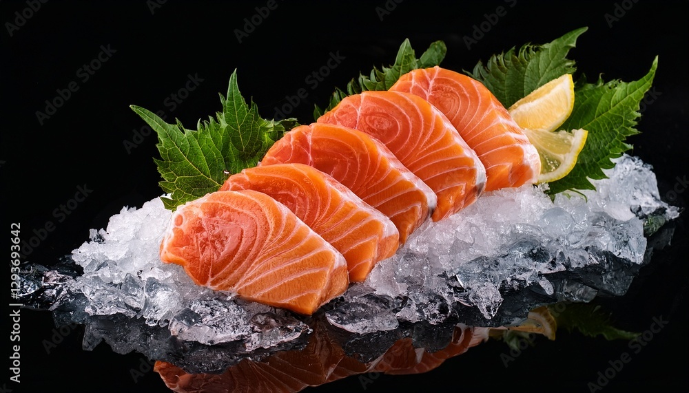 Fotografía de estudio profesional de rodajas de salmón sobre hielo con hojas verdes y coral, filete de pescado crudo rosado en rodajas con rayas, sashimi de salmón naranja fresco, Fotografía de estudio profesional de rodajas de salmón sobre hielo con hojas verdes y coral, filete de pescado crudo rosado en rodajas con rayas, sashimi de salmón naranja fresco,