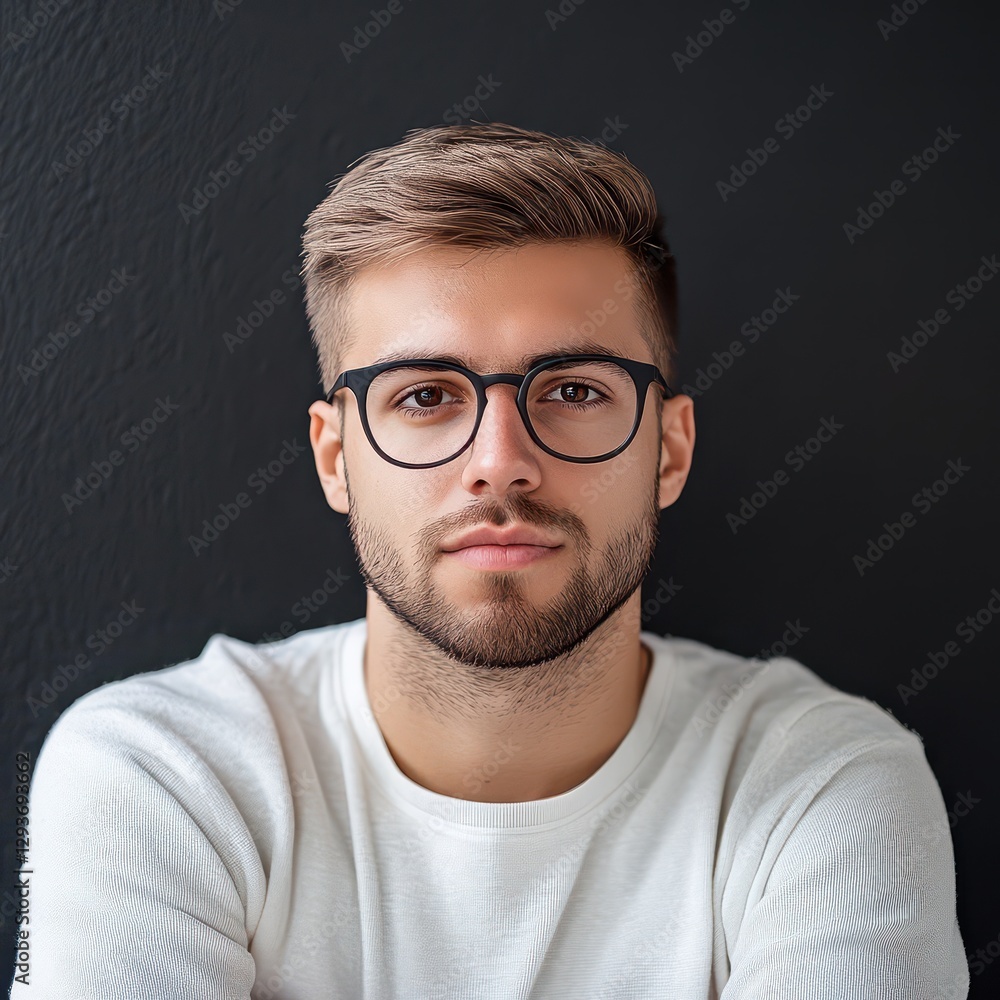 Young man with glasses poses against dark wall Young man with glasses poses against dark wall