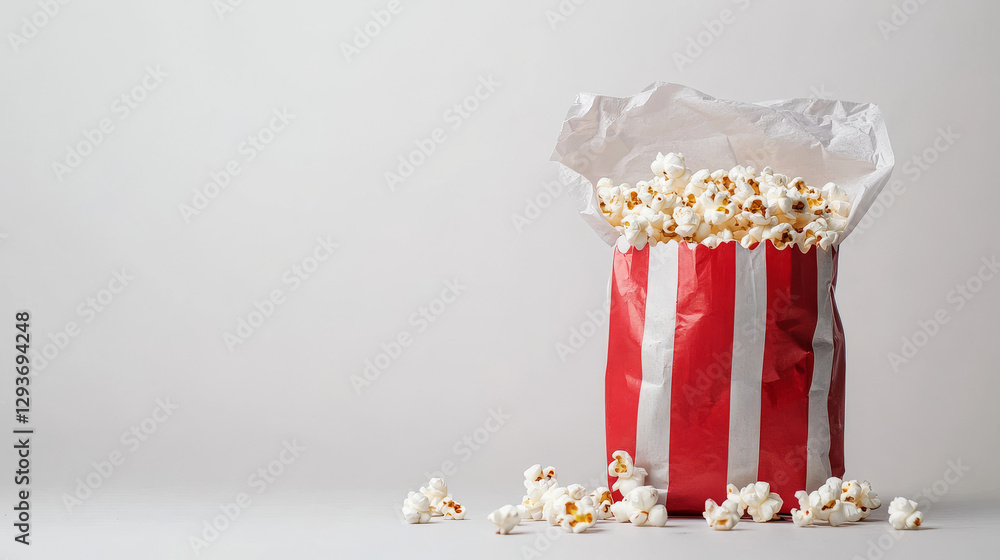 A red and white striped container filled with fluffy popcorn sits on a light surface, with a few corn pieces scattered around. This snack is perfect for movie nights or gatherings A red and white striped container filled with fluffy popcorn sits on a light surface, with a few corn pieces scattered around. This snack is perfect for movie nights or gatherings