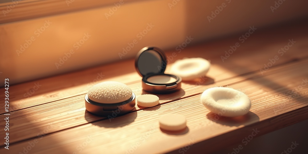 Luxurious Makeup Puff in Warm Sunlight, Wooden Texture Luxurious Makeup Puff in Warm Sunlight, Wooden Texture