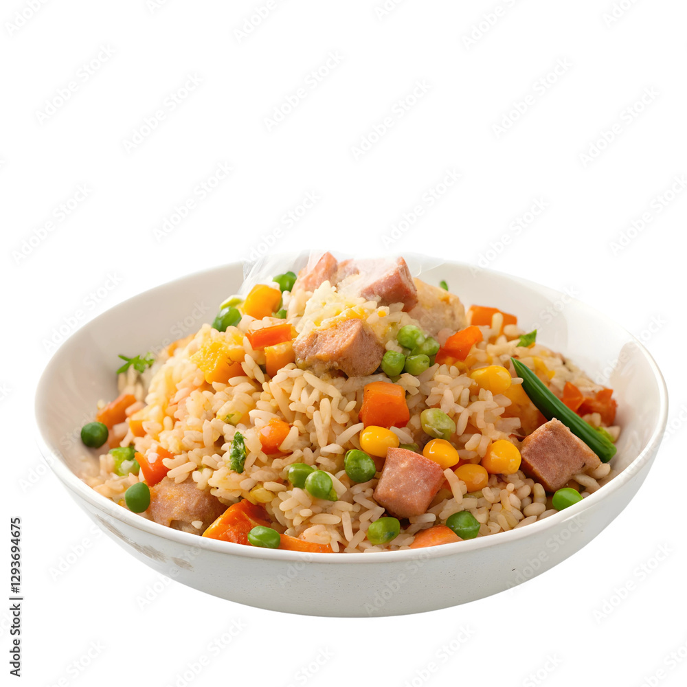 Delicious Bowl of Fried Rice with Vegetables and Ham Delicious Bowl of Fried Rice with Vegetables and Ham