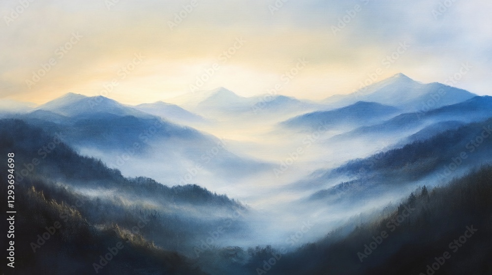 Fototapeta premium Misty mountain range at sunrise.