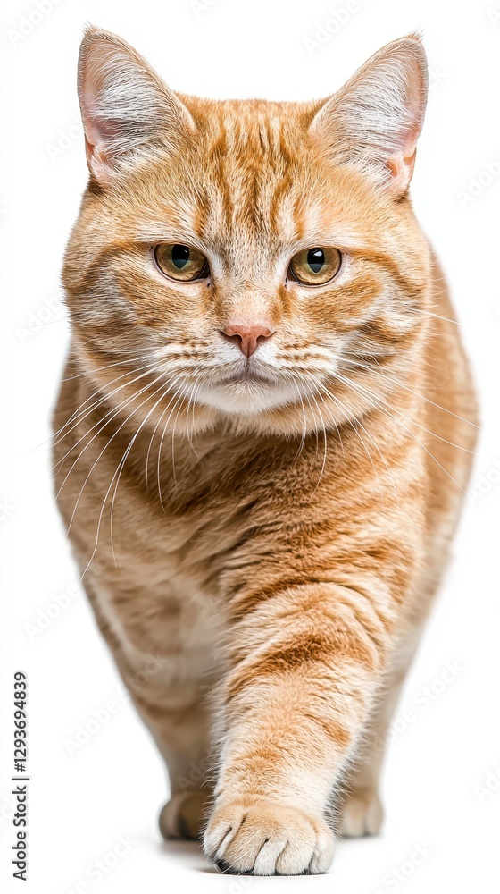 Orange tabby cat walking on a white background with a focused expression and alert posture Orange tabby cat walking on a white background with a focused expression and alert posture