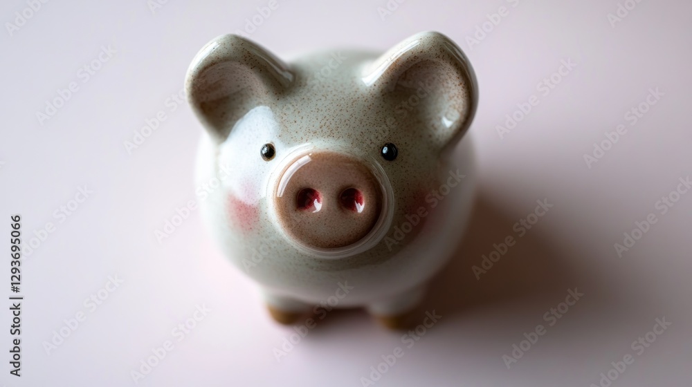 Close-up of a beige ceramic piggy bank on a pink background.