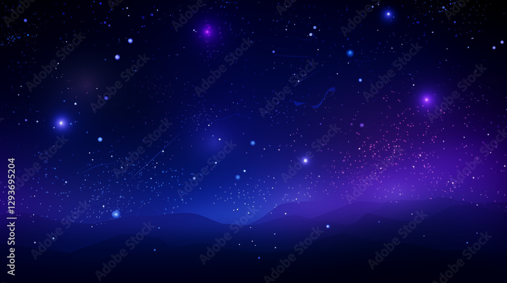 Obraz premium Fond texturé, paysage, effet galaxie, univers, cosmos. Couleurs bleu violet et noir, aurore boréale. Effet texture étoilé, brillant et flou. Conception et création graphique, bannière. 