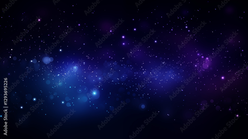 Fototapeta premium Fond texturé, paysage, effet galaxie, univers, cosmos. Couleurs bleu violet et noir, aurore boréale. Effet texture étoilé, brillant et flou. Conception et création graphique, bannière. 