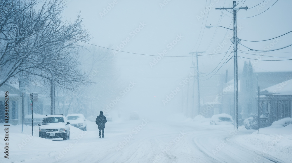 An intense blizzard engulfs a small town, with heavy snowfall reducing visibility, cars abandoned on icy roads, and a lone figure struggling through the snowstorm. A dramatic winter survival scene.
An intense blizzard engulfs a small town, with heavy snowfall reducing visibility, cars abandoned on icy roads, and a lone figure struggling through the snowstorm. A dramatic winter survival scene.