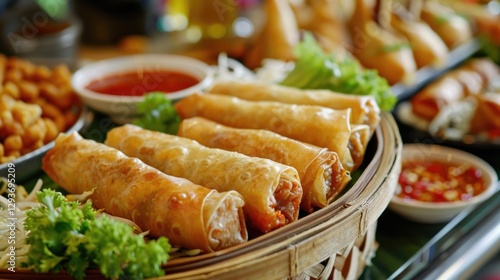 Crispy spring rolls served in a bamboo basket
