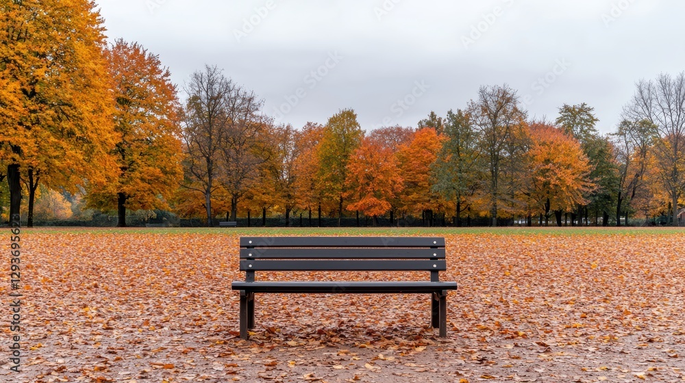 A solitary bench in a park surrounded by vibrant autumn foliage and fallen leaves on a gray day. A solitary bench in a park surrounded by vibrant autumn foliage and fallen leaves on a gray day.