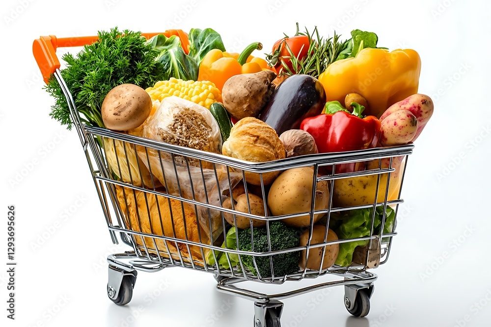 Full Shopping Cart Produce Grocery White Background Full Shopping Cart Produce Grocery White Background