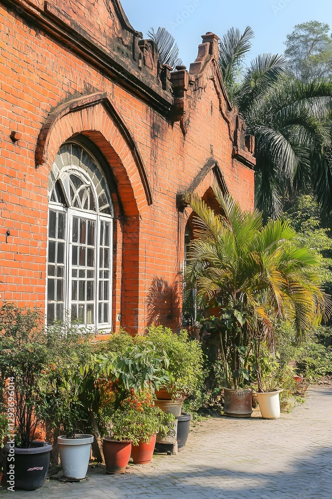 Fototapeta premium Ancient Brick Building Exterior with Lush Greenery