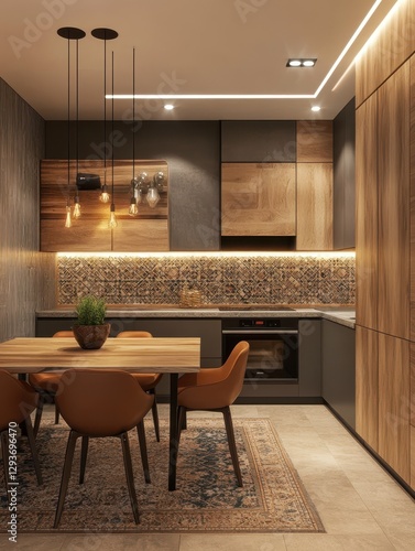 The modern kitchen features a beautifully crafted and inviting dining area