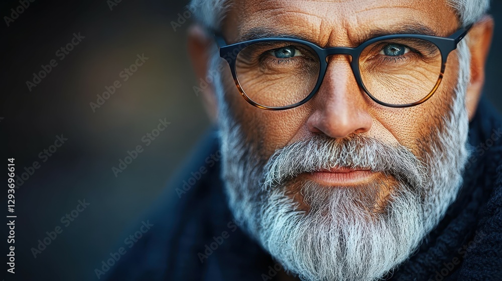 Man with gray beard and glasses gazes intently at the camera while outdoors during golden hour in a blurred background