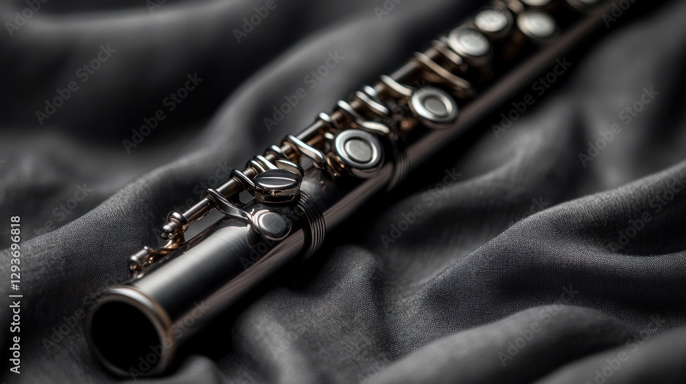 Naklejka premium Silver flute rests on dark fabric, close-up