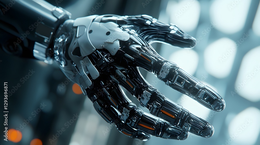 Futuristic robotic hand reaching out in a high-tech environment Futuristic robotic hand reaching out in a high-tech environment