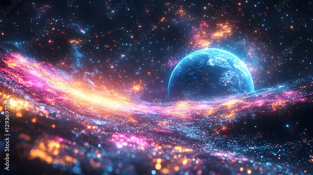 Obraz premium Colorful galaxy with a blue planet in the middle. The planet is surrounded by a lot of stars and the galaxy is full of bright colors