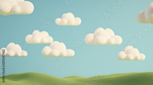 Dreamy surreal landscape with floating dappled sunlight clouds.