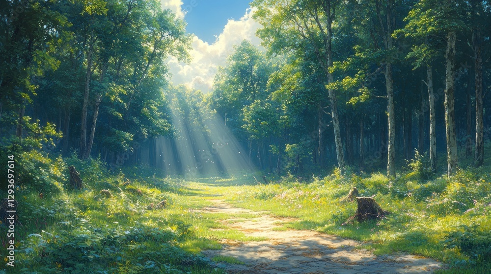 Obraz premium Sunny forest path, sunlight beams through trees