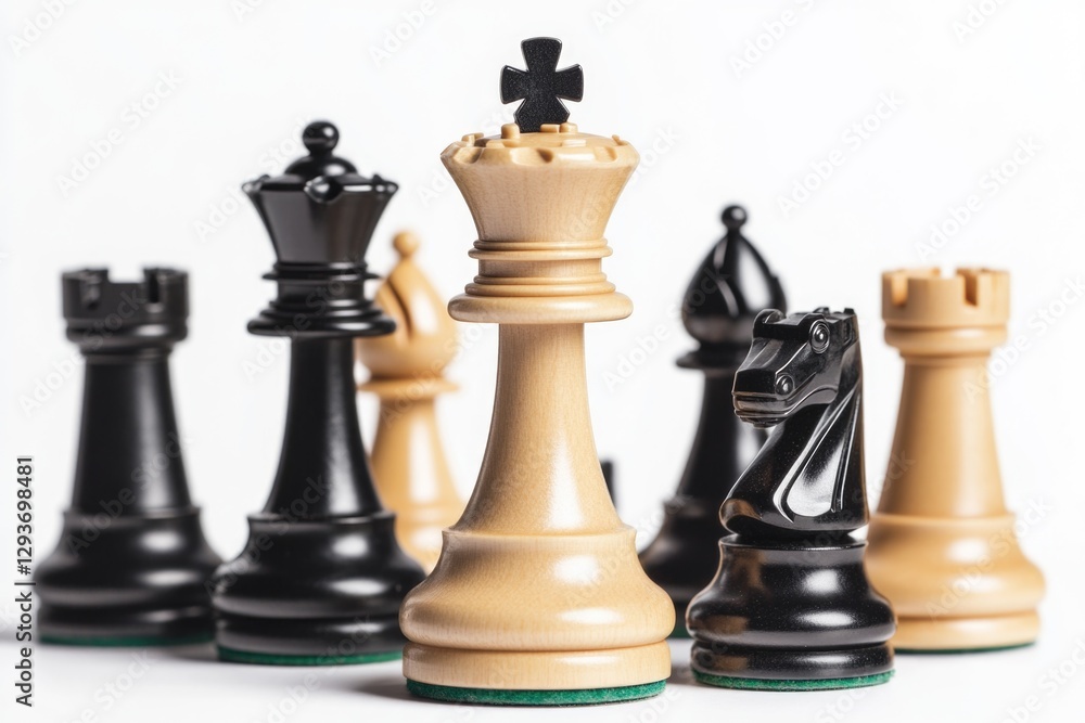 A collection of black and white chess pieces on a flat surface A collection of black and white chess pieces on a flat surface