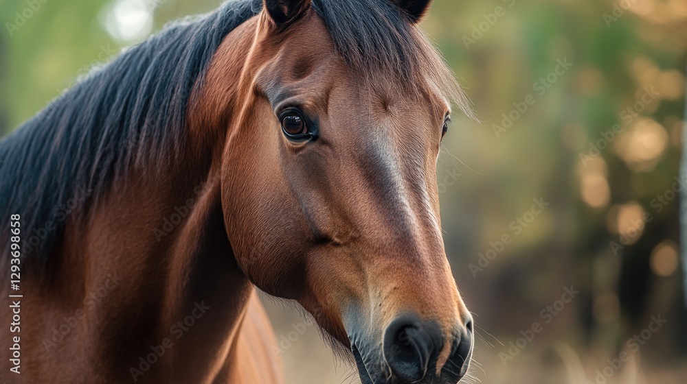 Fototapeta premium A close-up shot of a horse's face with trees in the background