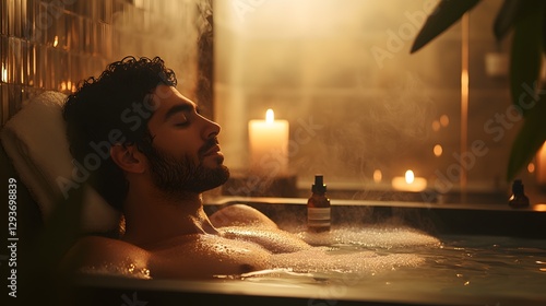 Relaxed Man Enjoying Spa Experience in Candlelit Bath Environment