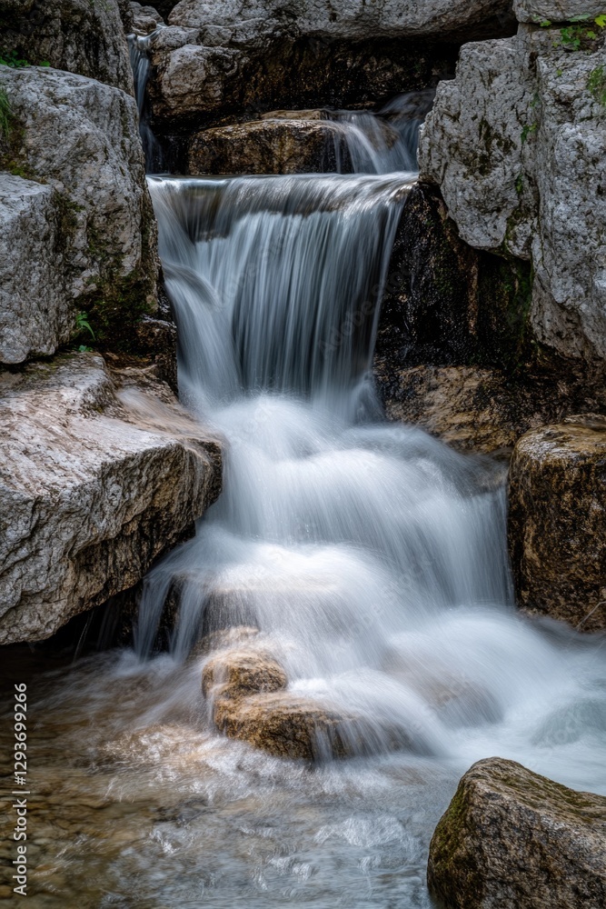 Fototapeta premium A small waterfall flows over rocks in a natural stream