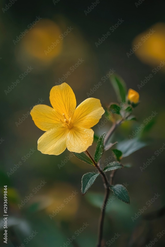 Fototapeta premium A small yellow flower sits atop a bed of green leaves