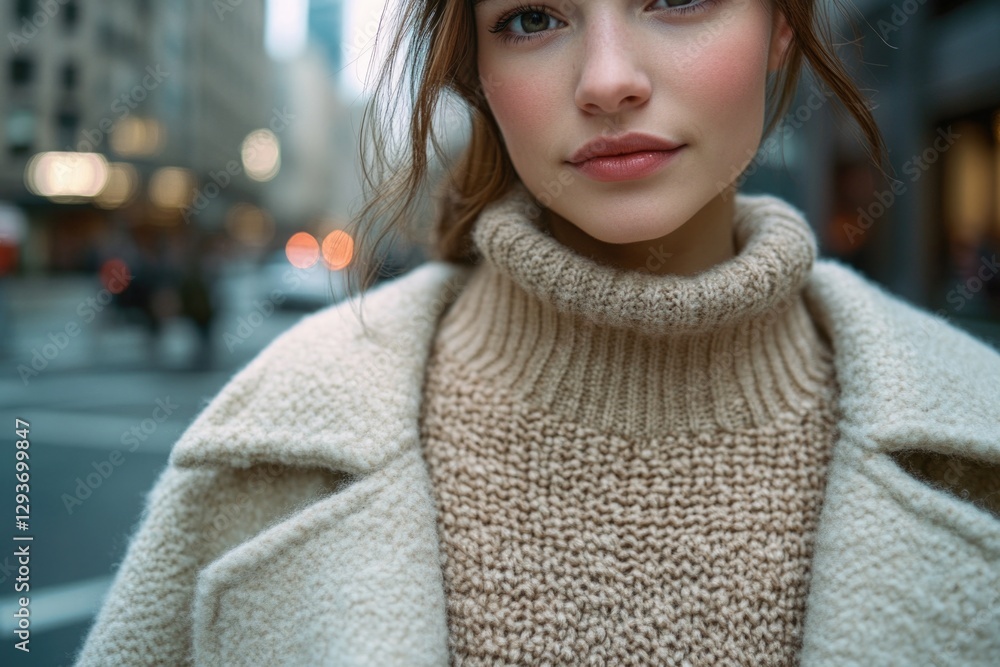A woman wearing a sweater and coat walks down a city street A woman wearing a sweater and coat walks down a city street