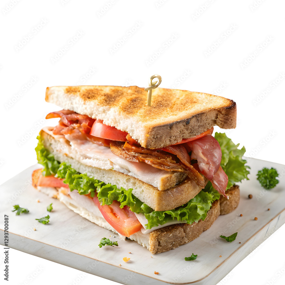 Delicious Club Sandwich with Bacon, Turkey, Ham, Cheese, Lettuce, and Tomato on Toasted Bread Delicious Club Sandwich with Bacon, Turkey, Ham, Cheese, Lettuce, and Tomato on Toasted Bread