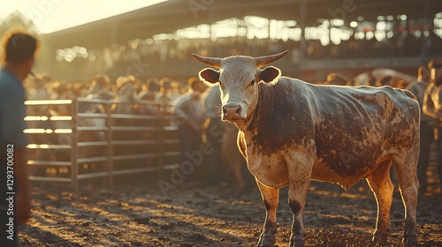 Rustic Farm Scene with a Cow in Bright Sunset at an Outdoor Event