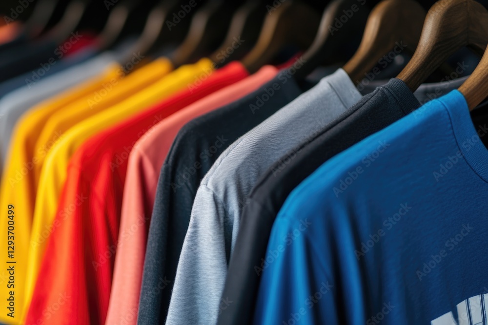 Row of shirts hanging on a metal rack in a store or closet Row of shirts hanging on a metal rack in a store or closet